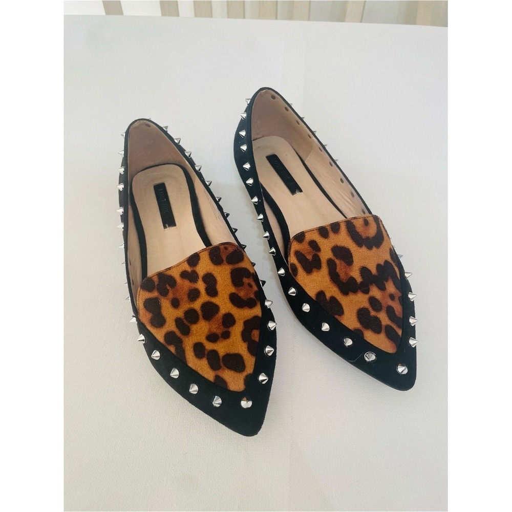 Lost Ink Black Suede Studded Leopard Print Flats Pointed Toe Shoes 6.5